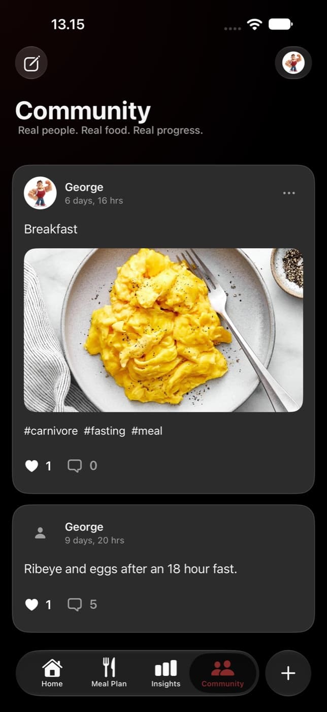 Carnivor Community feed showing a member’s breakfast photo, caption, tags, likes, and comments.
