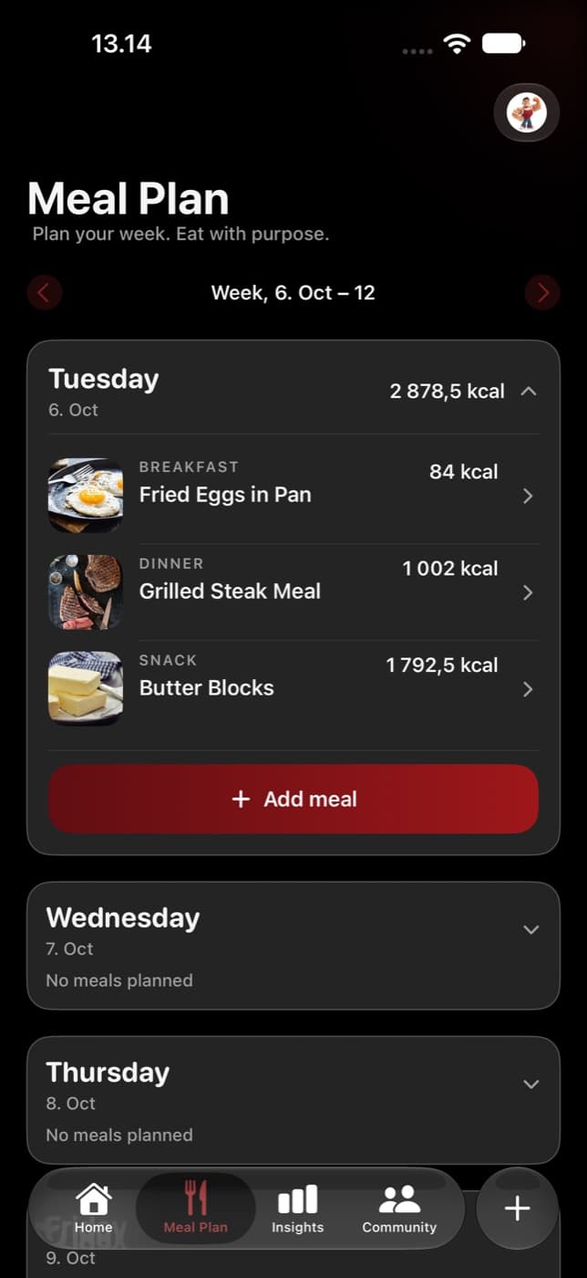 Carnivor Meal Plan showing an expanded Tuesday with breakfast, dinner, snack, calories, and an Add meal action.