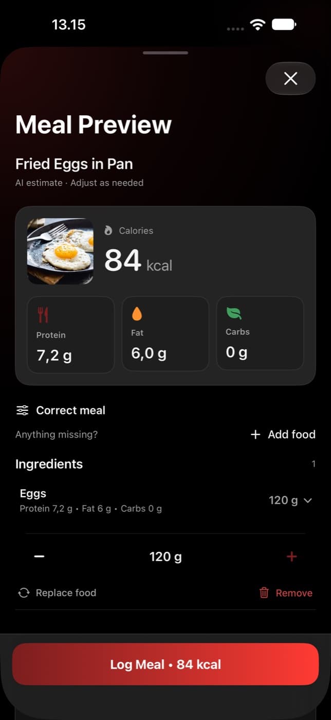 Carnivor Meal Preview showing a fried-egg photo, estimated macros, editable ingredients, and the Log Meal button.