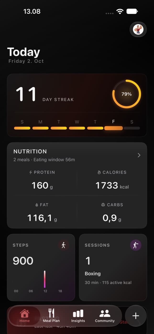 Carnivor Today displaying Steps and Sessions cards alongside logged nutrition and a fasting action.